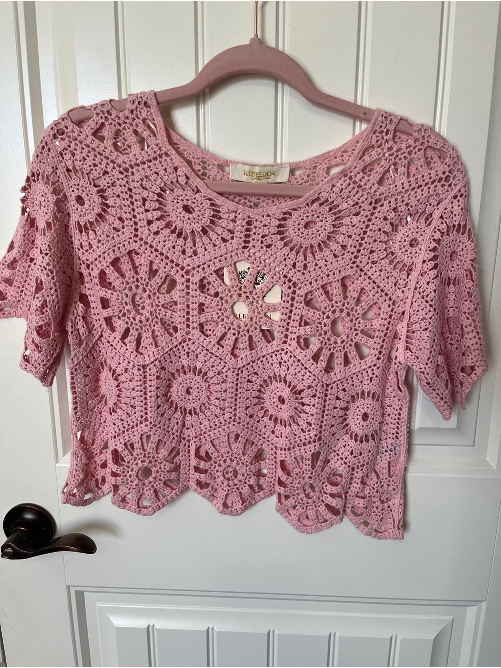 Rebellion Crochet Openwork Crop Top in Pink